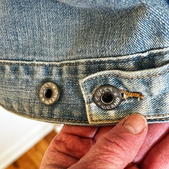 Lucky Brand Patchwork Denim Jacket Tomboy Trucker Boho 70s Vintage Reworked - Picture 8 of 14